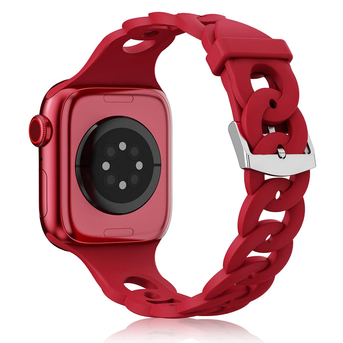 Red O-Ring Silicone Chain Link Bracelets For Apple Watch Band 38mm, 40mm, 41mm, 42mm, 44mm, 45mm, 46mm, 49mm On Sale