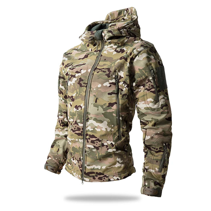 Men’s Waterproof Softshell Hooded Jacket With Fleece Lining In Forest Camouflage On Sale