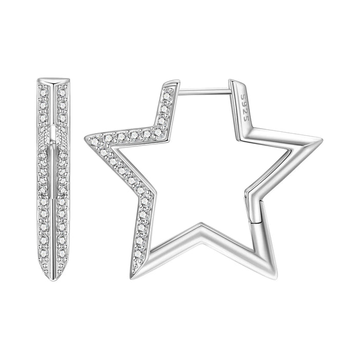 925 Sterling Silver Dreamy Celestial Elegance Silver Stars Hoop Earrings On Sale 