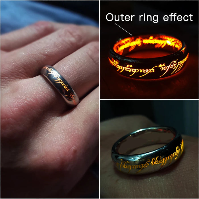 Close-up of decorative Elvish-style lettering on a 6mm stainless steel ring on sale