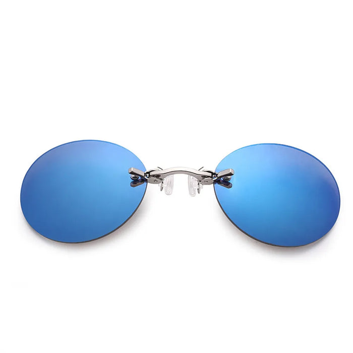 Matrix Morpheus Style Blue Round Rimless Clip-On-Nose UV400 Sunglasses On Sale