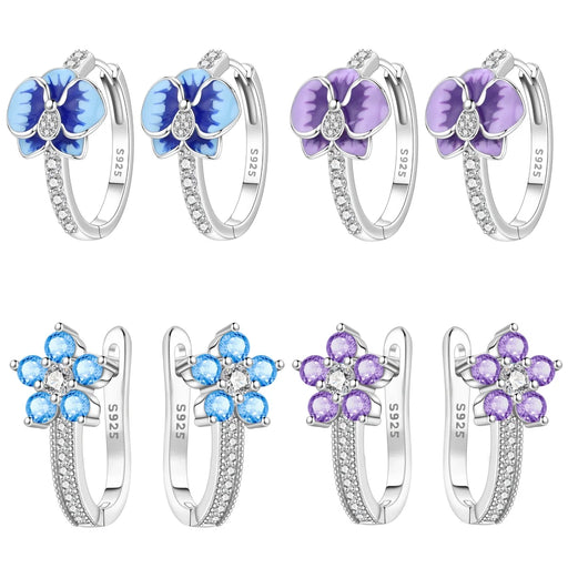 925 Sterling Silver Flower Design Hoop Earrings - Blue Enamel Butterfly Orchid, Blue Lotus, Purple Flower On Sale
