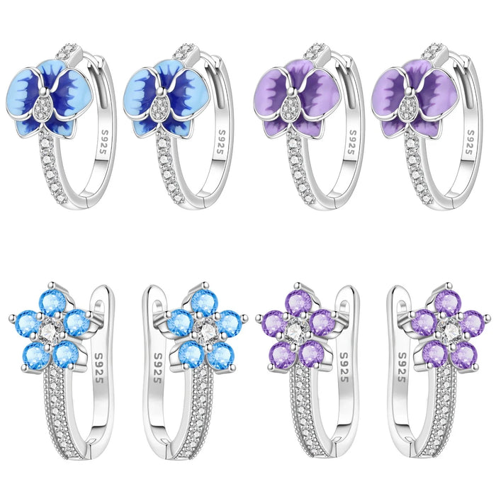 925 Sterling Silver Flower Design Hoop Earrings - Blue Enamel Butterfly Orchid, Blue Lotus, Purple Flower On Sale