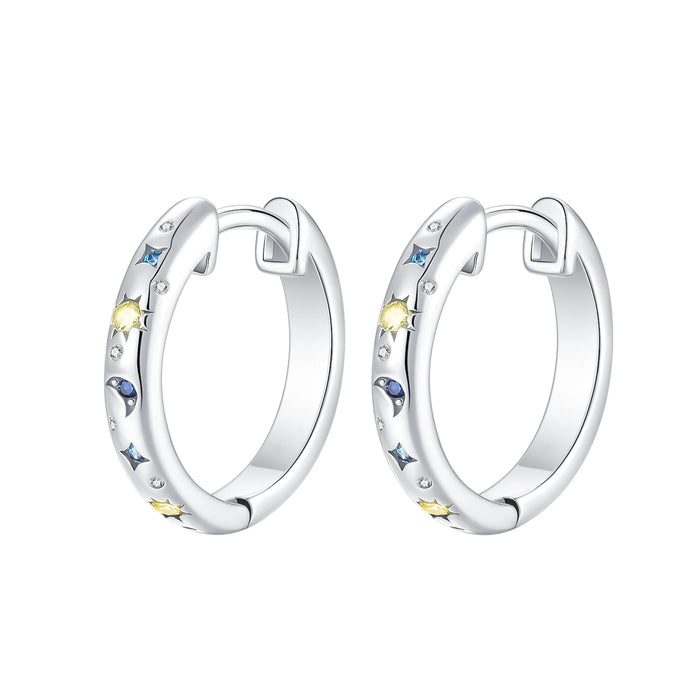925 Sterling Silver Star Moon Round Huggie Hoop Earrings With Zircon Accents On Sale