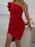 Elegant Red Asymmetric One Shoulder Cocktail Party Ruched Cinch Waist Dress On Sale