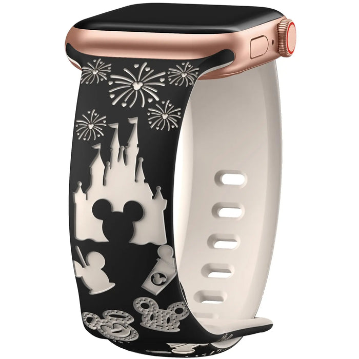 Black Starlight 3D Dream Disney Mickey Mouse Castle Theme Design Engraved Silicone Apple Watch Band On Sale