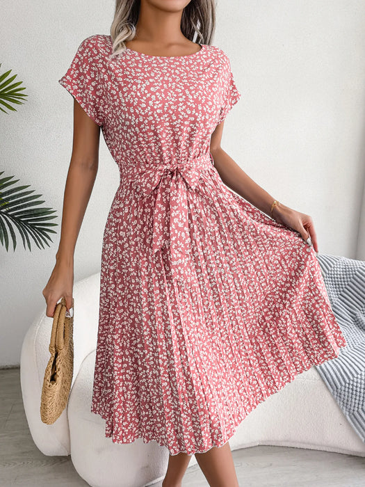 Red Floral Printed A-Line Vintage Style Chiffon Temperament Dress On Sale