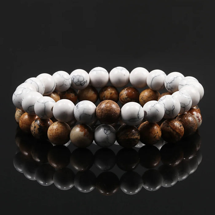 1 Set Natural Brown Jasper And White Howlite Stone Couple Bracelets On Sale