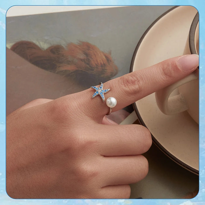 925 Sterling Silver Ocean Marine Life Starfish And Pearl Theme Open Rings Collection On Sale