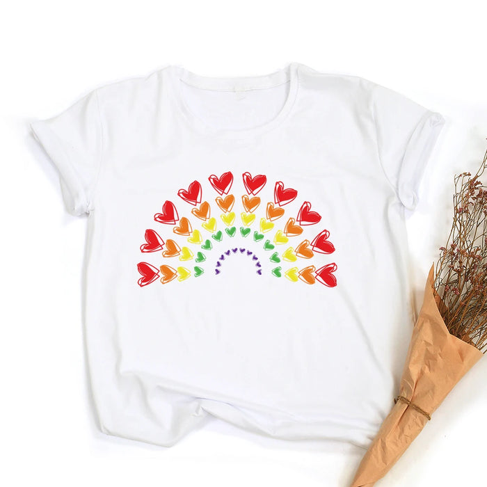 Rainbow Hearts Print Retro Graphic T-shirt On Sale