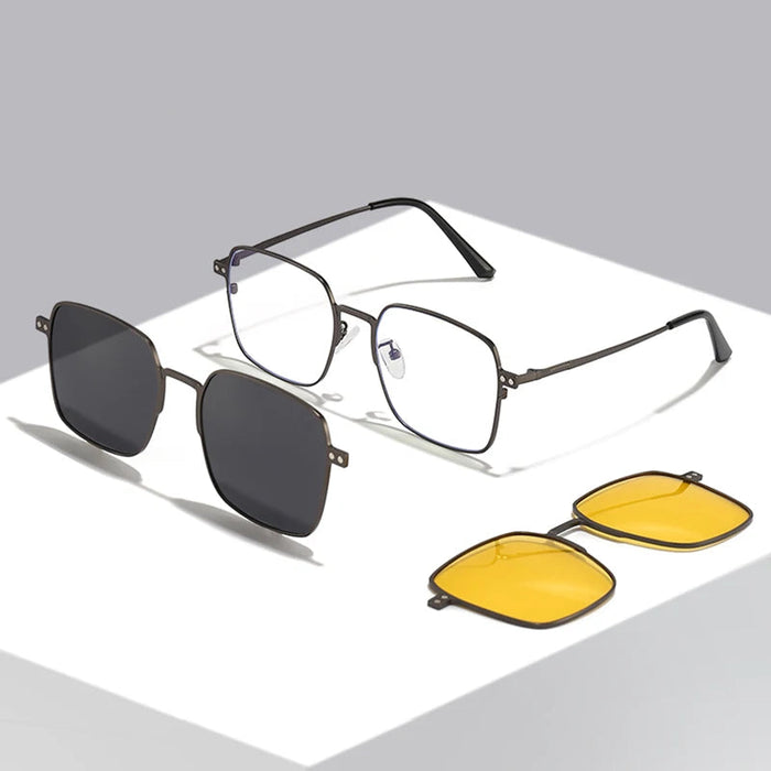 3 in 1 Lightweight Titanium Frame Eyeglasses With Magnetic Clip Polarized Sunglasses Set On Sale