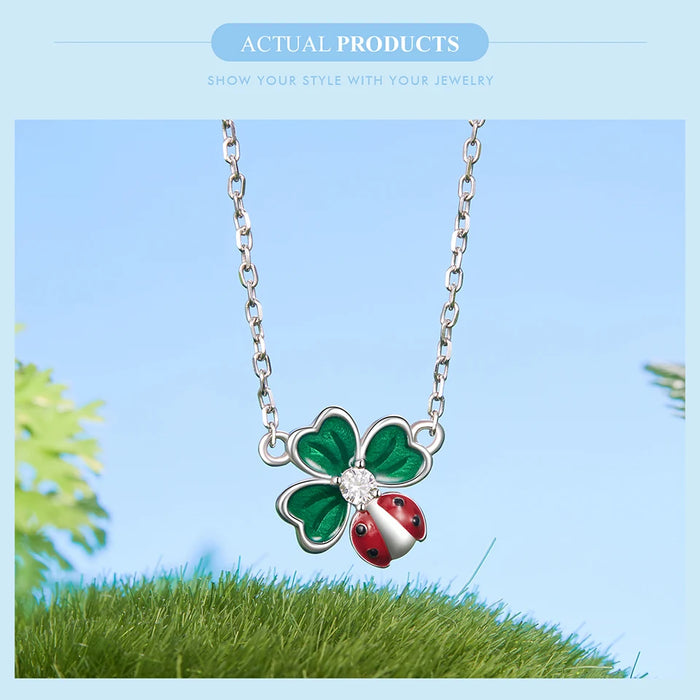 925 Sterling Silver Green Lucky Cloverleaf And Ladybug Necklace Jewelry On Sale