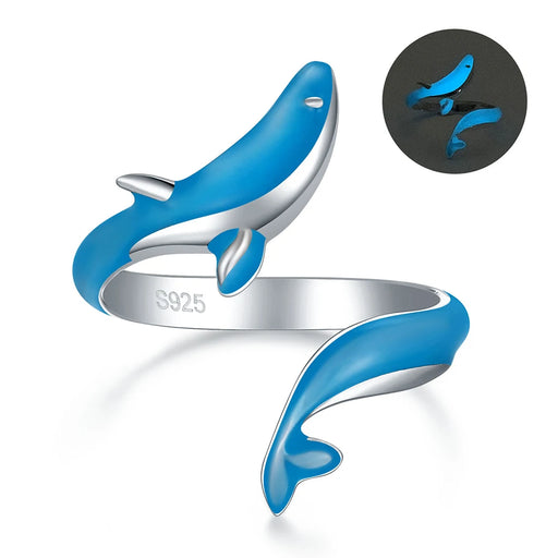 925 Sterling Silver White Gold Plated Glow-in-the-dark Enamel Whale Adjustable Rings On Sale