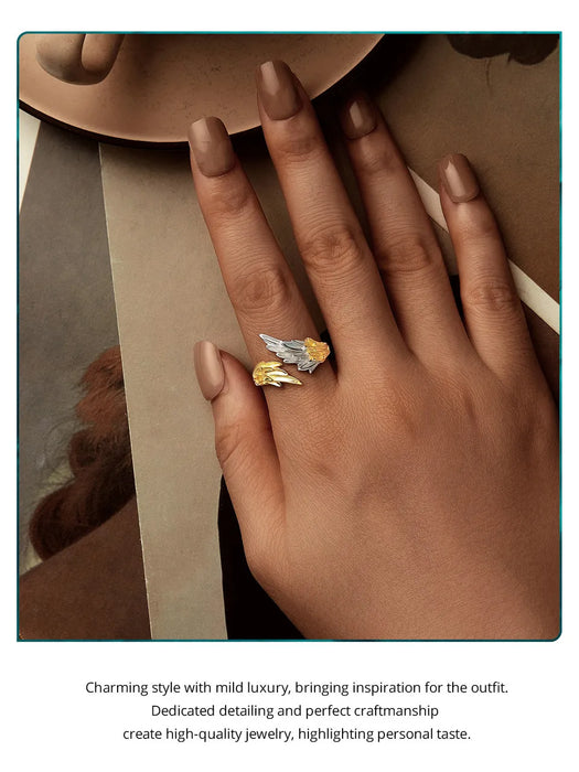 925 Sterling Silver 14K Gold Plated Two-tone Angel Wings Ring On Sale