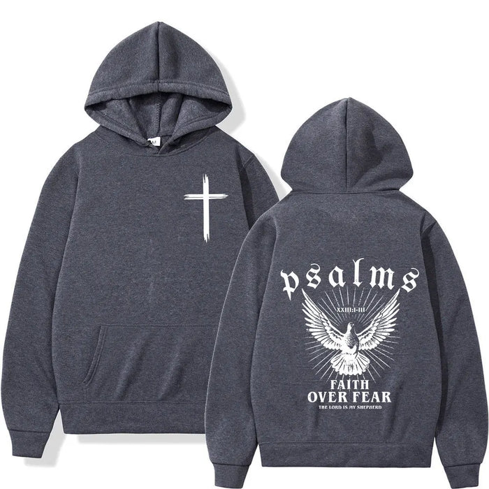 Dark Gray Unisex Faith Over Fear Graphic Vintage Style Streetwear Hoodies On Sale