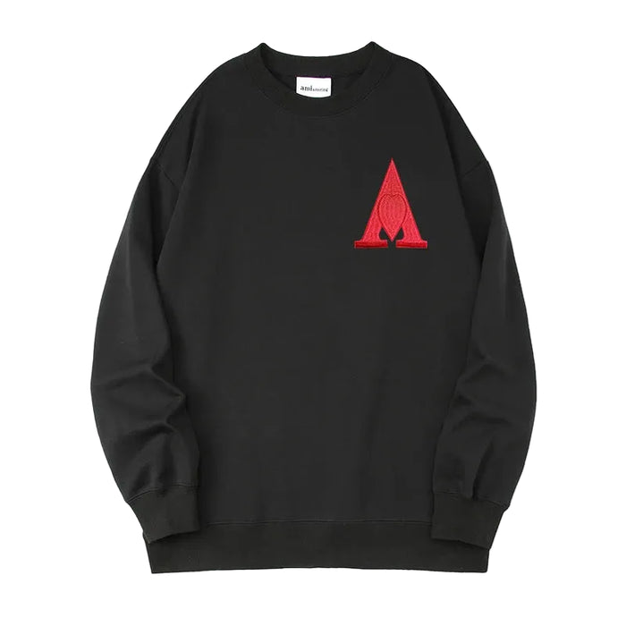 Black Unisex Embroidered Letter A Sweatshirt Casual Round Neck Cotton Blend Pullover Top On Sale