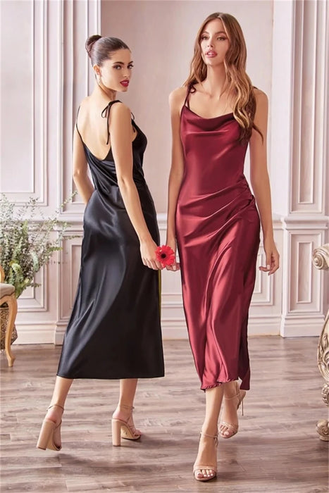 Satin Draped Neckline Tie Shoulder Straps High Slit Figure-skimming Evening Midi Dresses On Sale