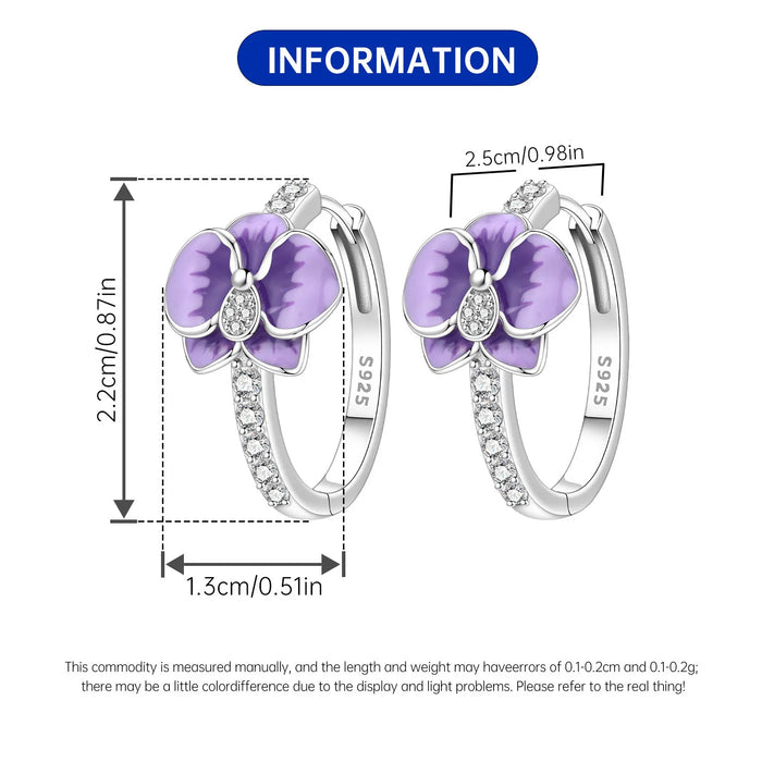 925 Sterling Silver Flower Design Hoop Earrings - Purple Enamel Butterfly Orchid On Sale