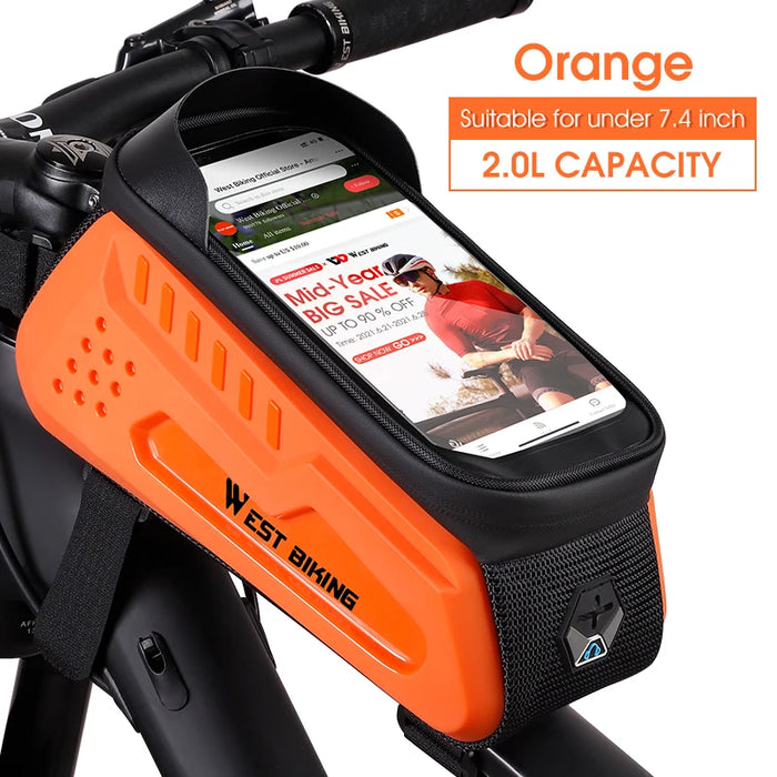2 L Orange Hard Shell Bike Frame Bag With Phone Holder Waterproof Cycling Top Tube Bag for Bikes & Scooters On Sale
