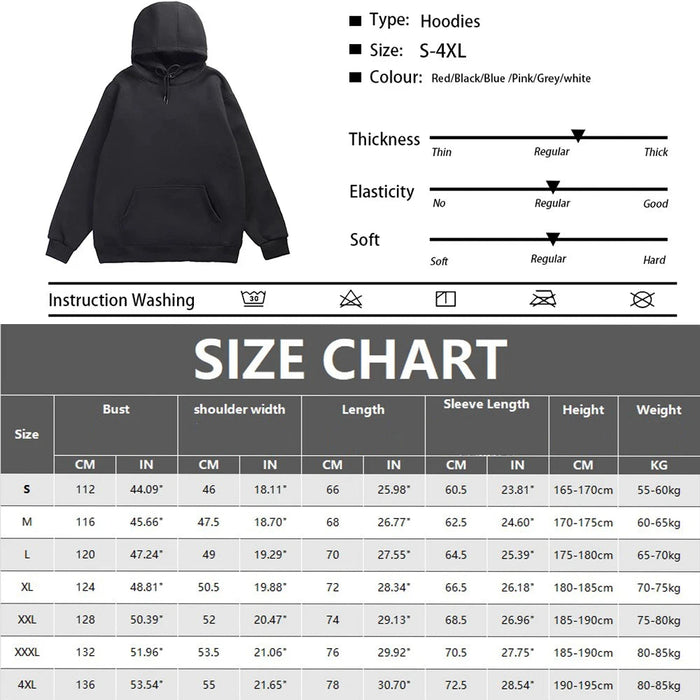 Size Chart - Super Comfy Solid Color Pullover Hoodie Unisex Casual Streetwear Sweatshirt