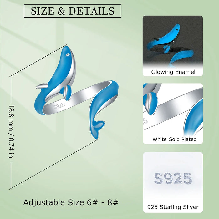 925 Sterling Silver White Gold Plated Glow-in-the-dark Enamel Whale Adjustable Rings On Sale