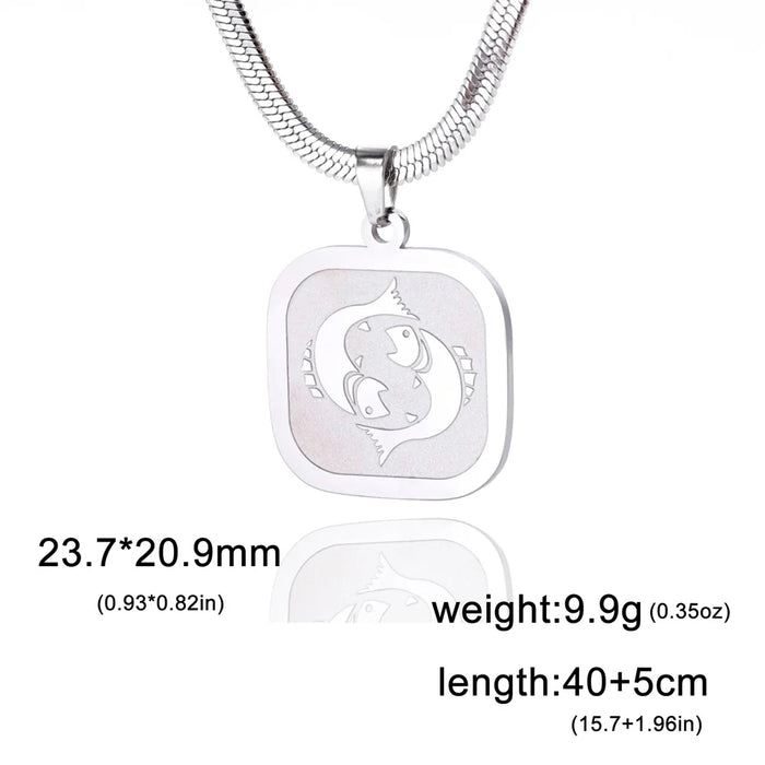 12 Constellation Pisces Zodiac Square Medallion Pendant Snake Chain Necklaces On Sale