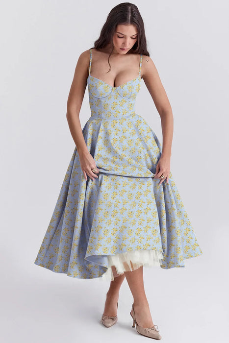 Blue Floral Printed A-Line Vintage Style Temperament Dress On Sale