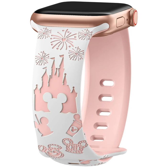 White Pink Sand 3D Dream Disney Mickey Mouse Castle Theme Design Engraved Silicone Apple Watch Band On Sale