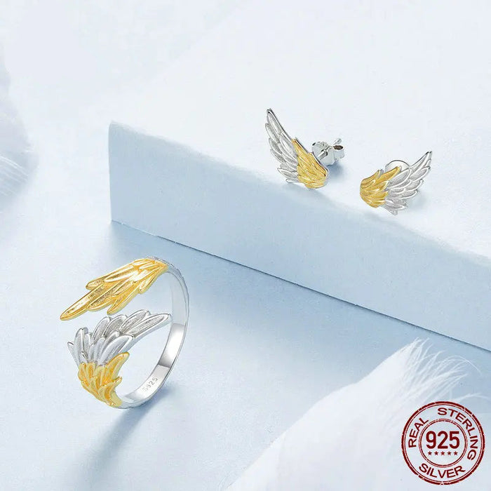 925 Sterling Silver 14K Gold Plated Two-tone Angel Wings Ring And Stud Earrings Jewelry Set Collection On Sale