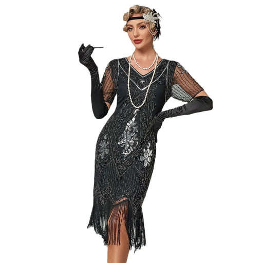Women’s 1920s Vintage inspired Black V-neck Lace Style Sleeve Sequin Fringe Flapper Cocktail Midi Dress With Embroidery On Sale