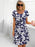 Women's Blue Floral Print Crew Neck Short Sleeves Tiered Chiffon Dresses On Sale