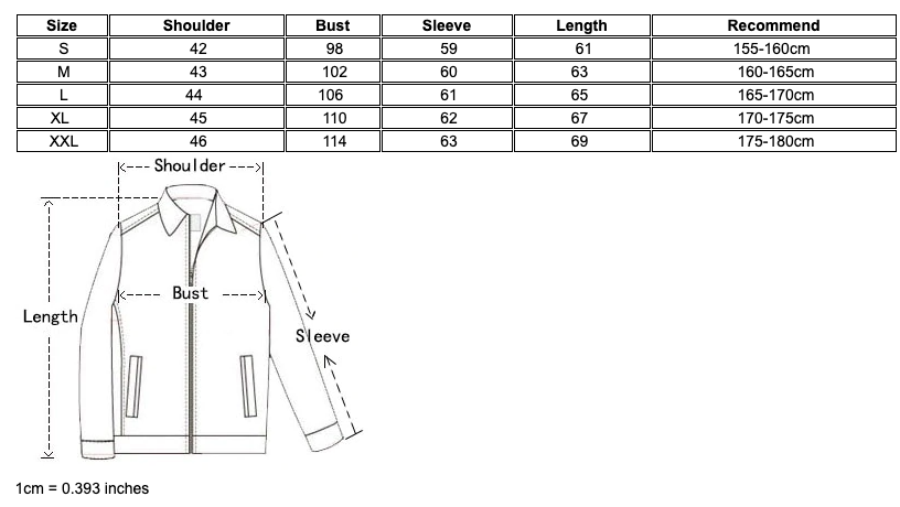 Size Chart For  Reflective Cycling Windbreaker Jacket