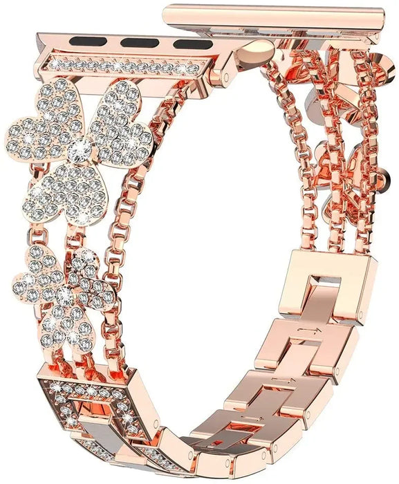 Rose Gold Cloverleaf Diamond Women Stainless Steel Apple Watch Bracelet For Ultra, 49mm, 46mm, 45mm, 44mm, 42mm, 41mm, 40mm, 38mm On Sale