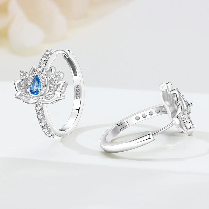 925 Sterling Silver Flower Design Hoop Earrings - Blue Lotus On Sale