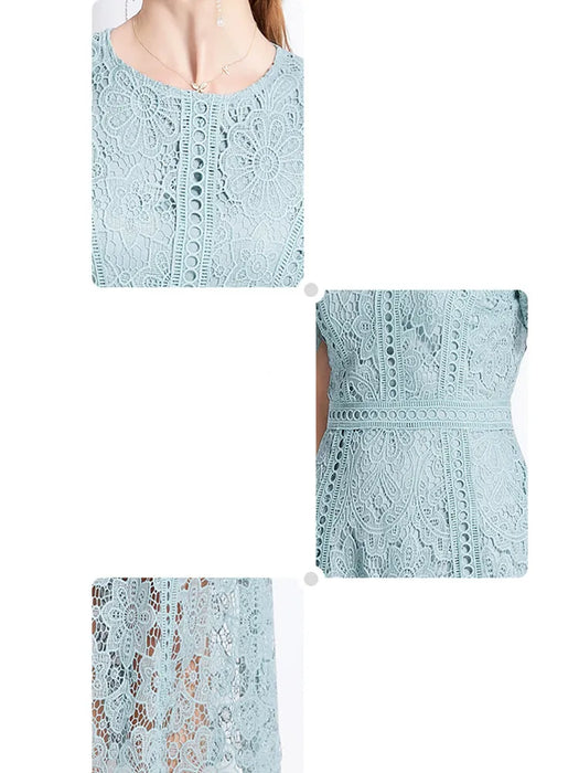 Elegant Vintage Style Green Lace Hollow Out Short Sleeve Long Dress On Sale