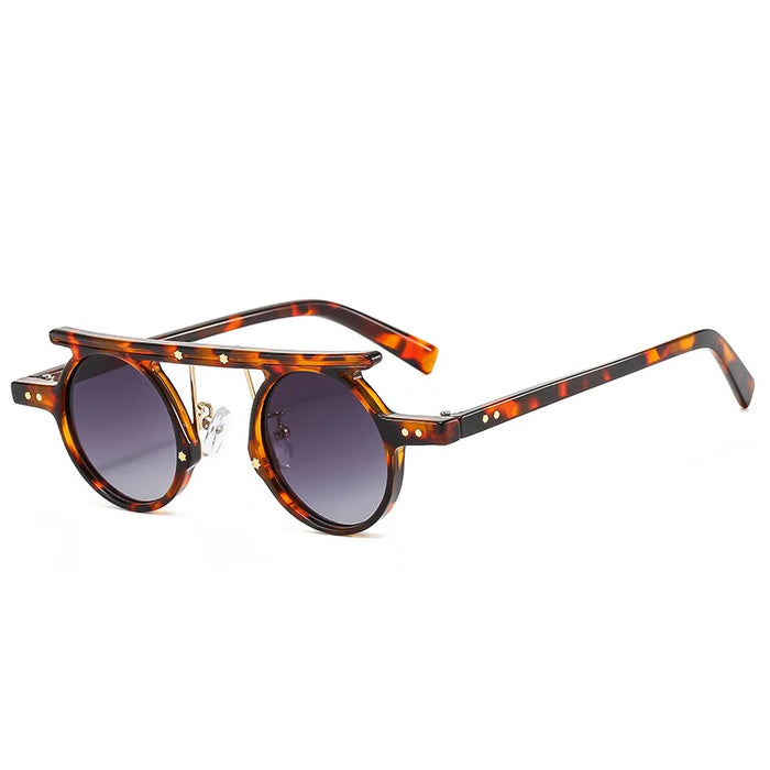 Leopard Gray Gradient Retro UV400 Round Steampunk Sunglasses On Sale