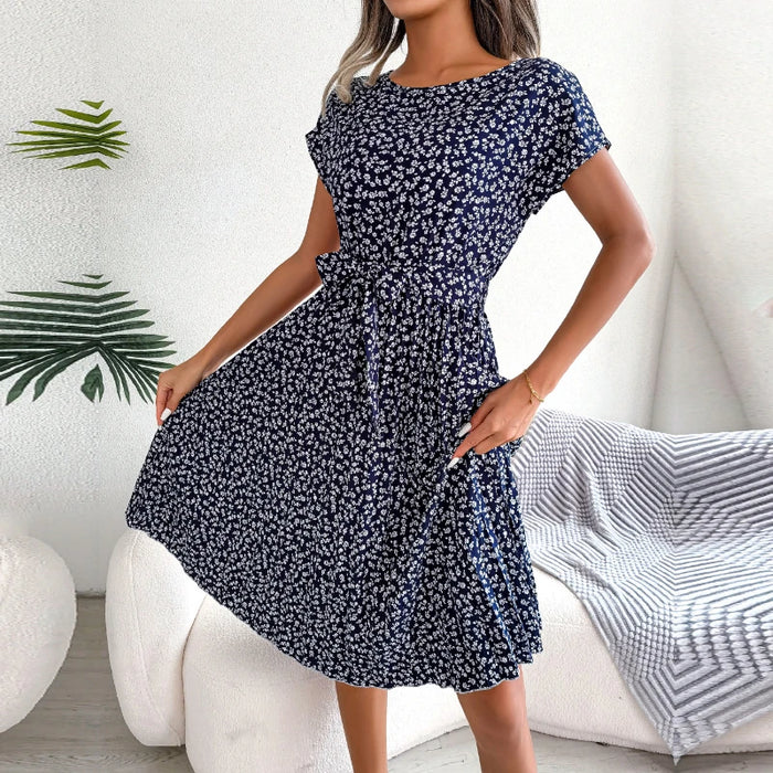 Dark Blue Floral Printed A-Line Vintage Style Chiffon Temperament Dress On Sale