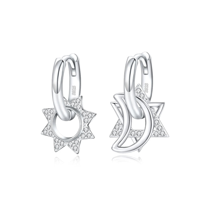 925 Sterling Silver Star Moon Round Huggie Hoop Earrings With Zircon Accents On Sale