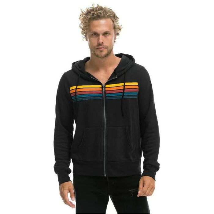 Black Rainbow Striped Zip Hoodies For Couples For Sale
