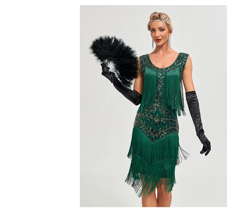 1920s Vintage Gatsby Style Green Sequin Fringed Flapper Cocktail Party Dress on Sale