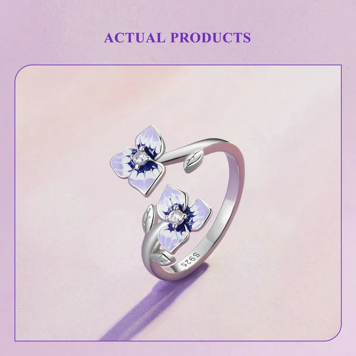 925 Sterling Silver Purple Pansy Flowers Open Rings On Sale