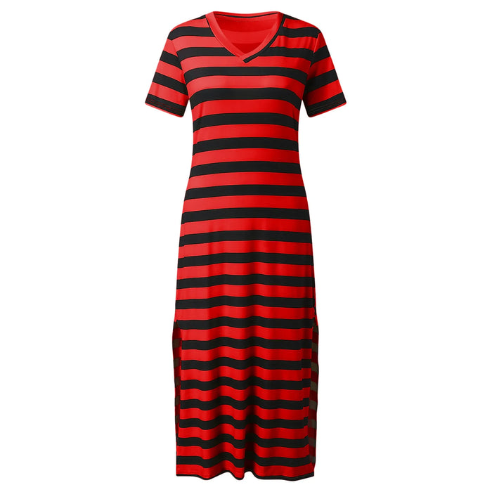 Black and Red Stripes Casual Loose Fitted Long Split Maxi Beach Lounge Dress On Sale