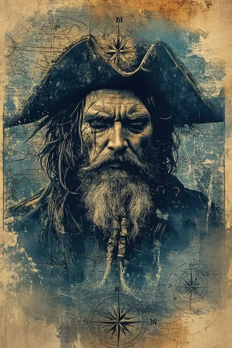 Pirate Captain Illustration Artwork - Vintage Marine Life Canvas Print Nautical Treasure Map Wall Decor Ocean Theme Poster On Sale