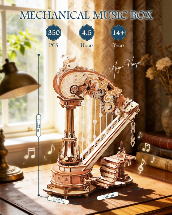 350 Piece DIY Mechanical Harp Music Box 3D Wooden Puzzle Model Kit with Ave Maria Melody On Sale
