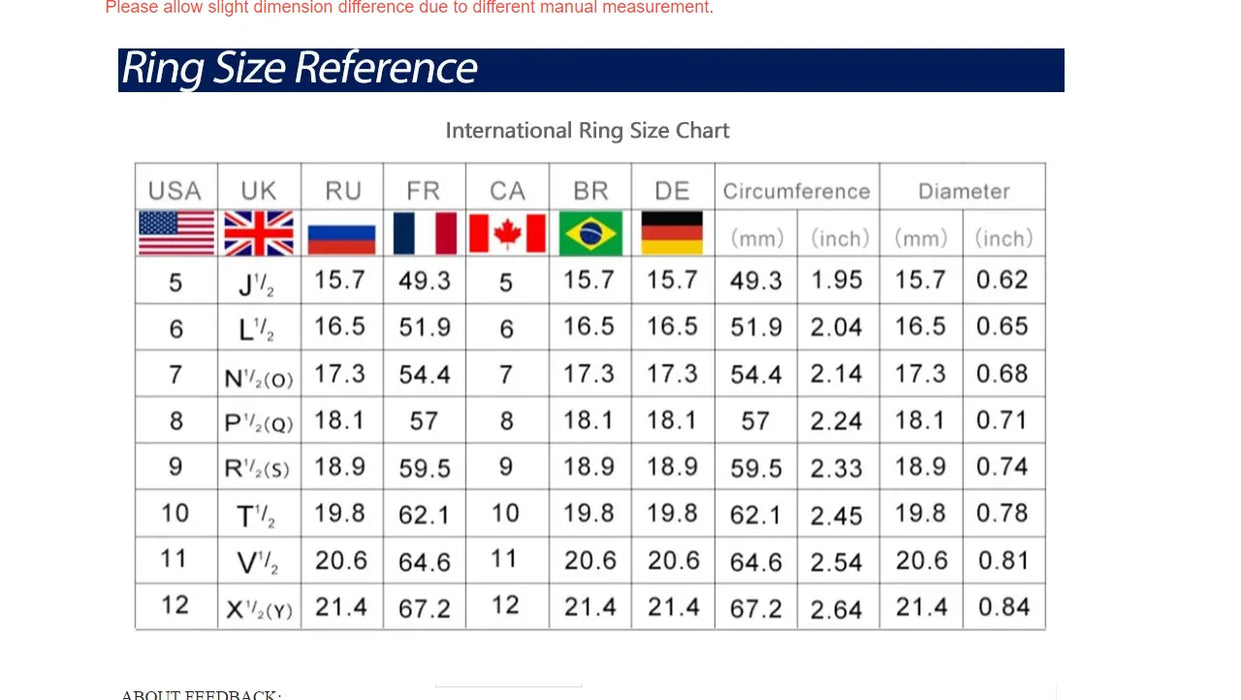 Ring size reference chart with international measurements
