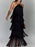 Metallic Black Halter Neckline Sequin Tassel Fringe Layered Long Dresses On Sale