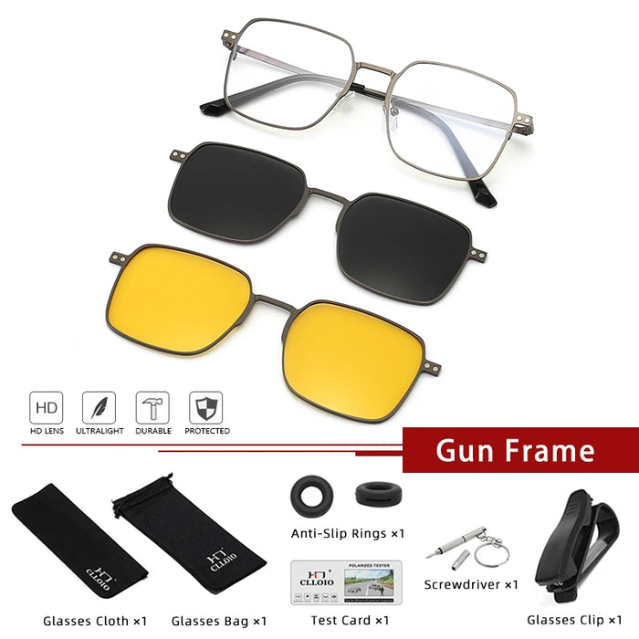 3 in 1 Lightweight Titanium Frame Eyeglasses With Magnetic Clip Polarized Sunglasses Set On Sale