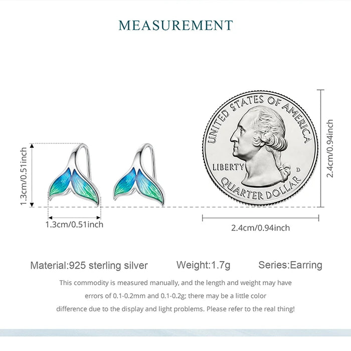 925 Sterling Silver Plated White Gold Enamel Whale Mermaid Tail Earrings On Sale