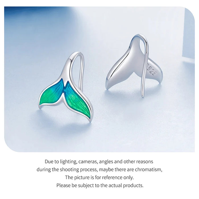 925 Sterling Silver Plated White Gold Enamel Whale Mermaid Tail Earrings On Sale