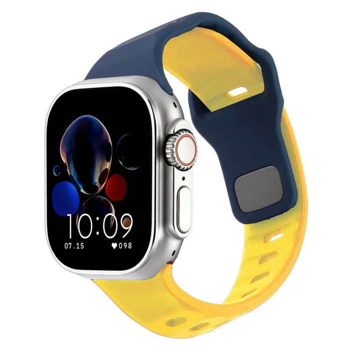 Blue Yellow Two-Tone Irregular Shape Adjustable Silicone Sporty Watch Band Compatible with Apple Watch 38mm–49mm On Sale | Replacement Watch Band Compatible with Apple Watch Series 1–11, SE & Ultra 